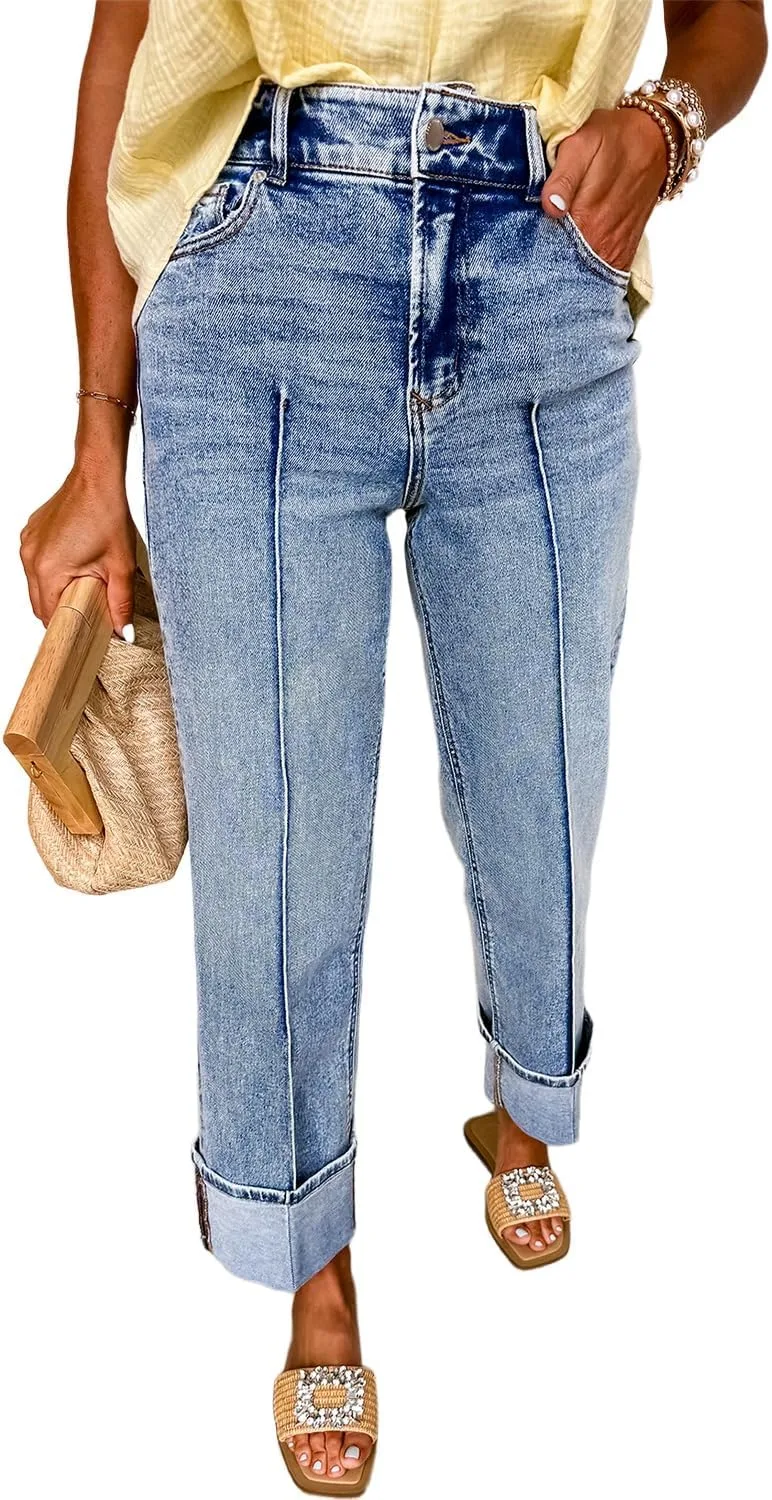 

Apvirdy женские джинсы прямого кроя с центральным швом и манжетами, минеральная мойка, высокая посадка