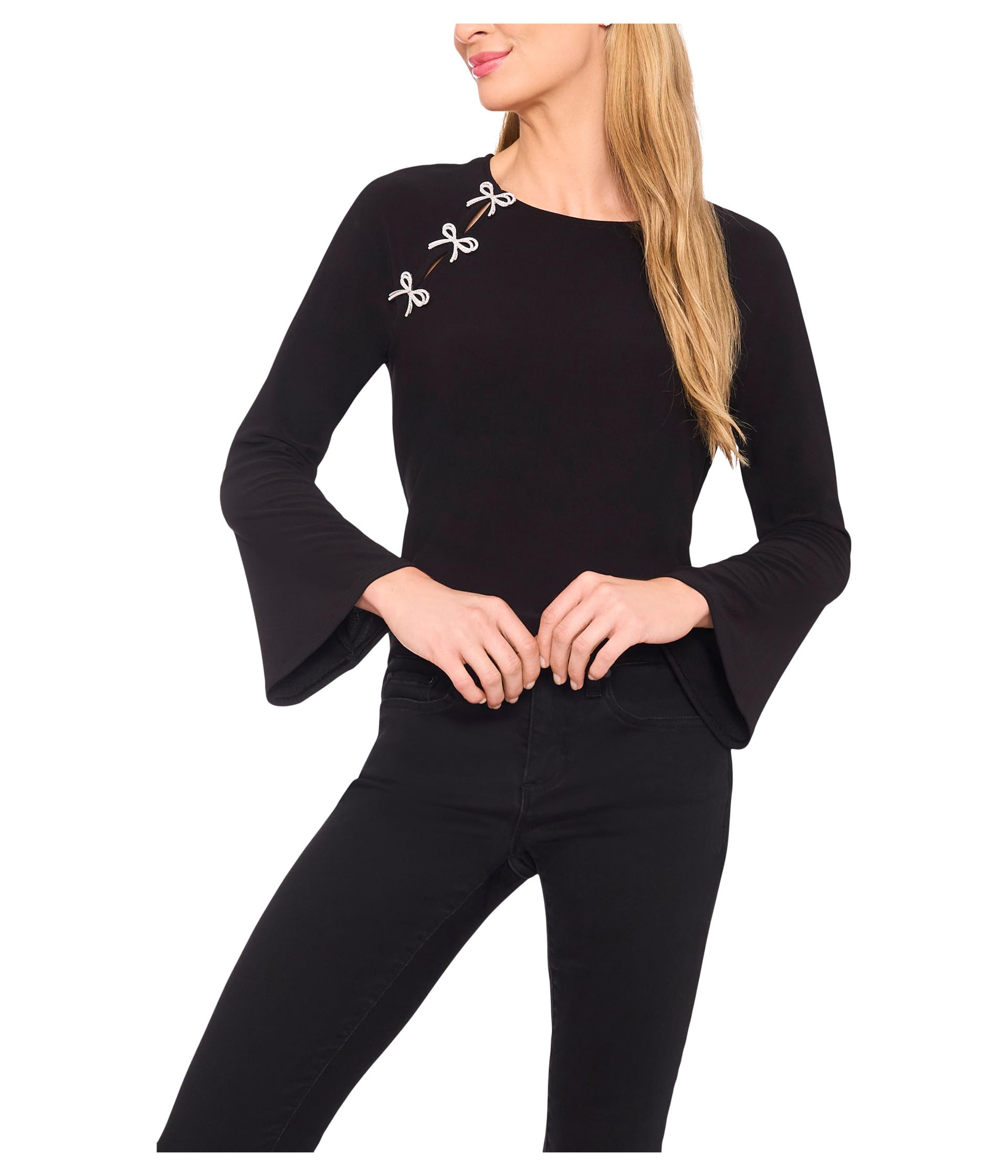 

Топ CeCe Pearl Bow Applique Long Sleeve Knit Top, цвет Rich Black