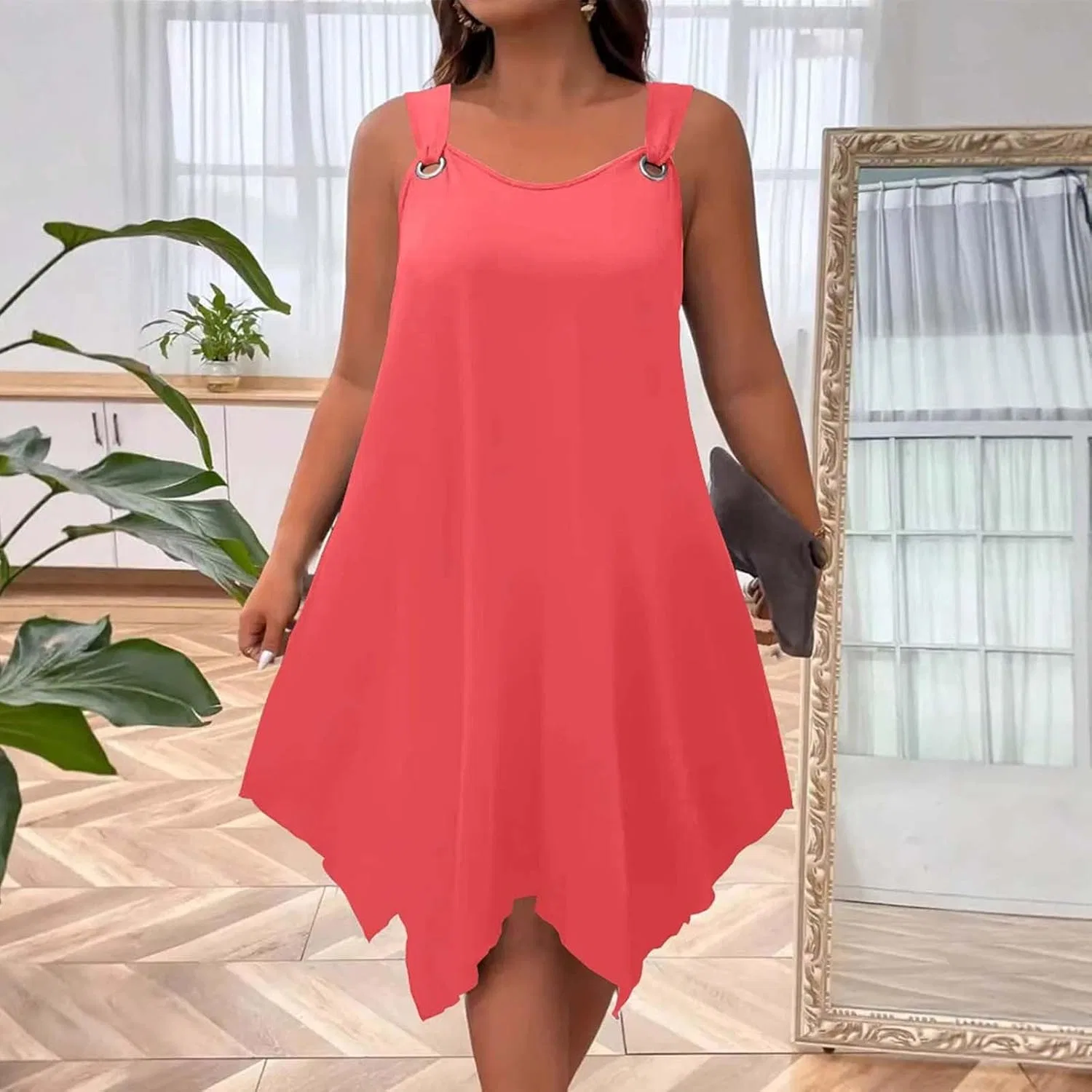 Платье летнее миди для женщин Plus Size 2025, комфортное с асимметричным подолом, безрукавка-танк свободного кроя Generic, красный — фото 2