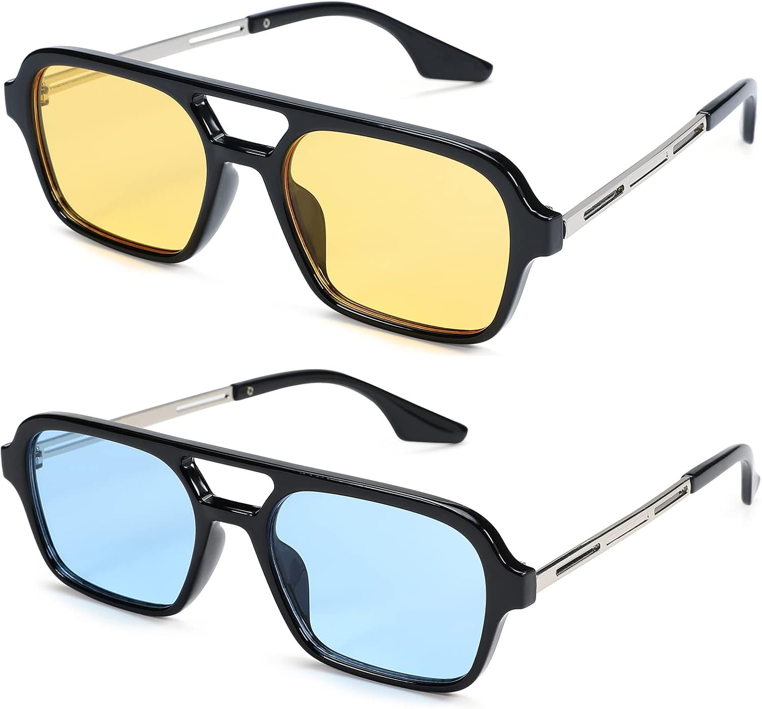 

Солнцезащитные очки Hycredi в стиле ретро 70-х, плоские, в стиле «авиатор», модные винтажные квадратные очки для женщин и мужчин, металлический дизайн, защита от УФ-излучения, 2 Pack - Black/Blue + Black/Yellow