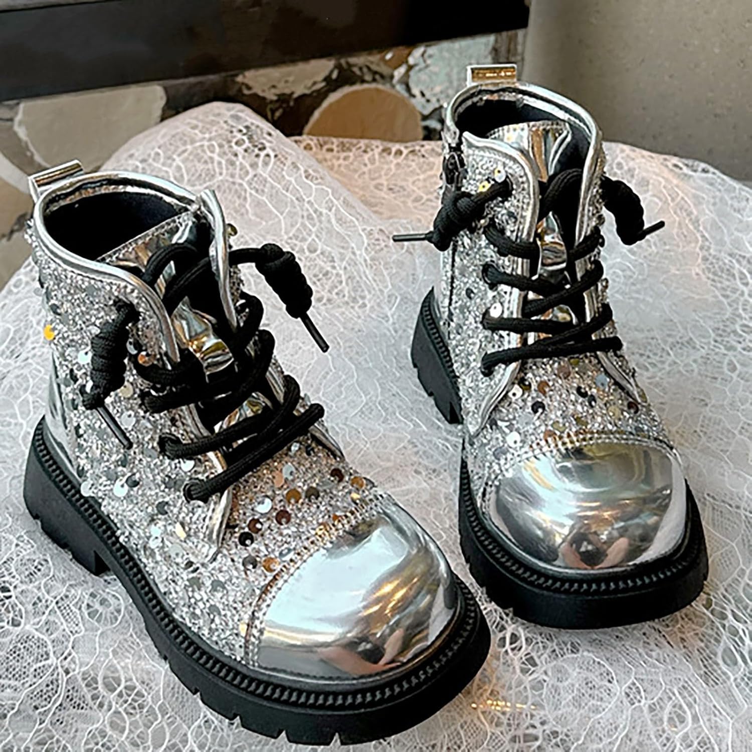 

Детские блестящие кружевные ботильоны с боковой молнией и пайетками, короткие ковбойские ботинки для девочек, теплая обувь на осень и зиму Generic, Silver