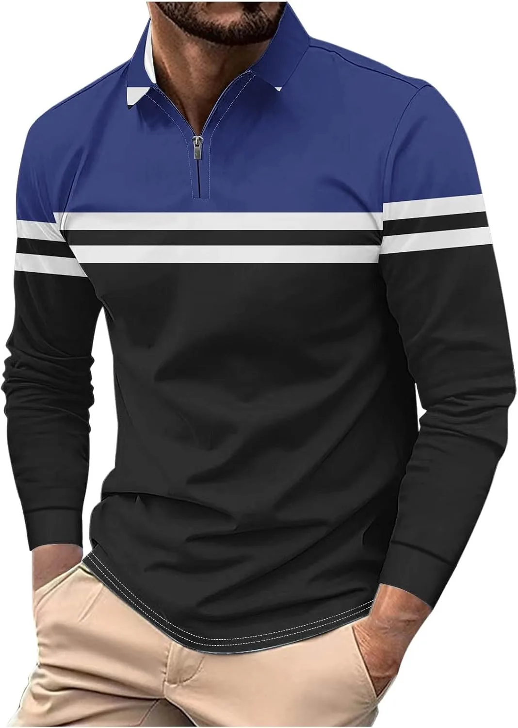 

Мужская поло с длинным рукавом, полосками и молнией