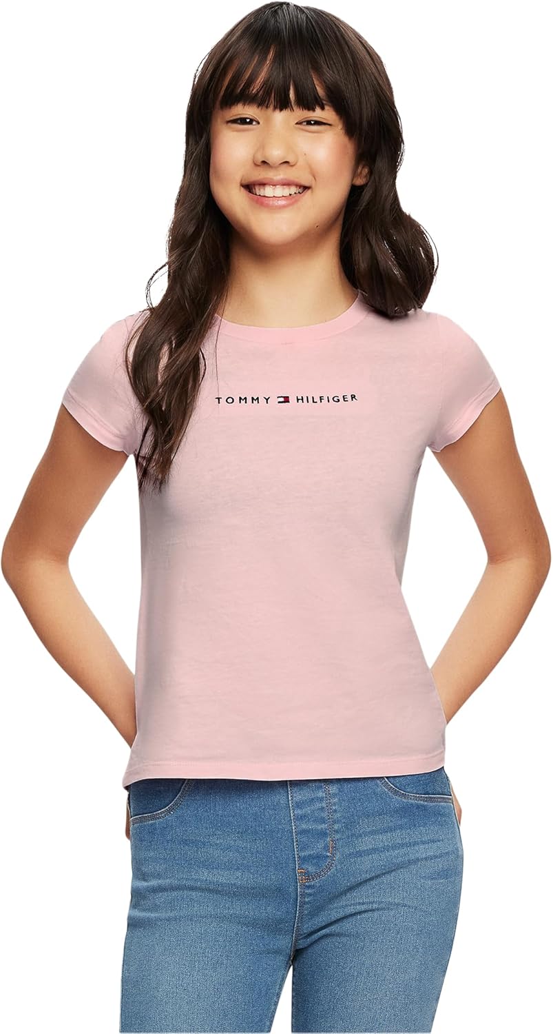 Футболка с коротким рукавом и логотипом-флажком Tommy Hilfiger для девочек, Pink/Classic Logo — фото 2