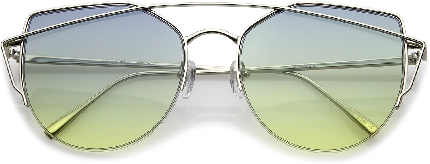 

zeroUV - Женские полуободковые солнцезащитные очки с металлической перемычкой над переносицей, круглыми цветными плоскими линзами в форме «кошачьего глаза», Silver / Green-yellow