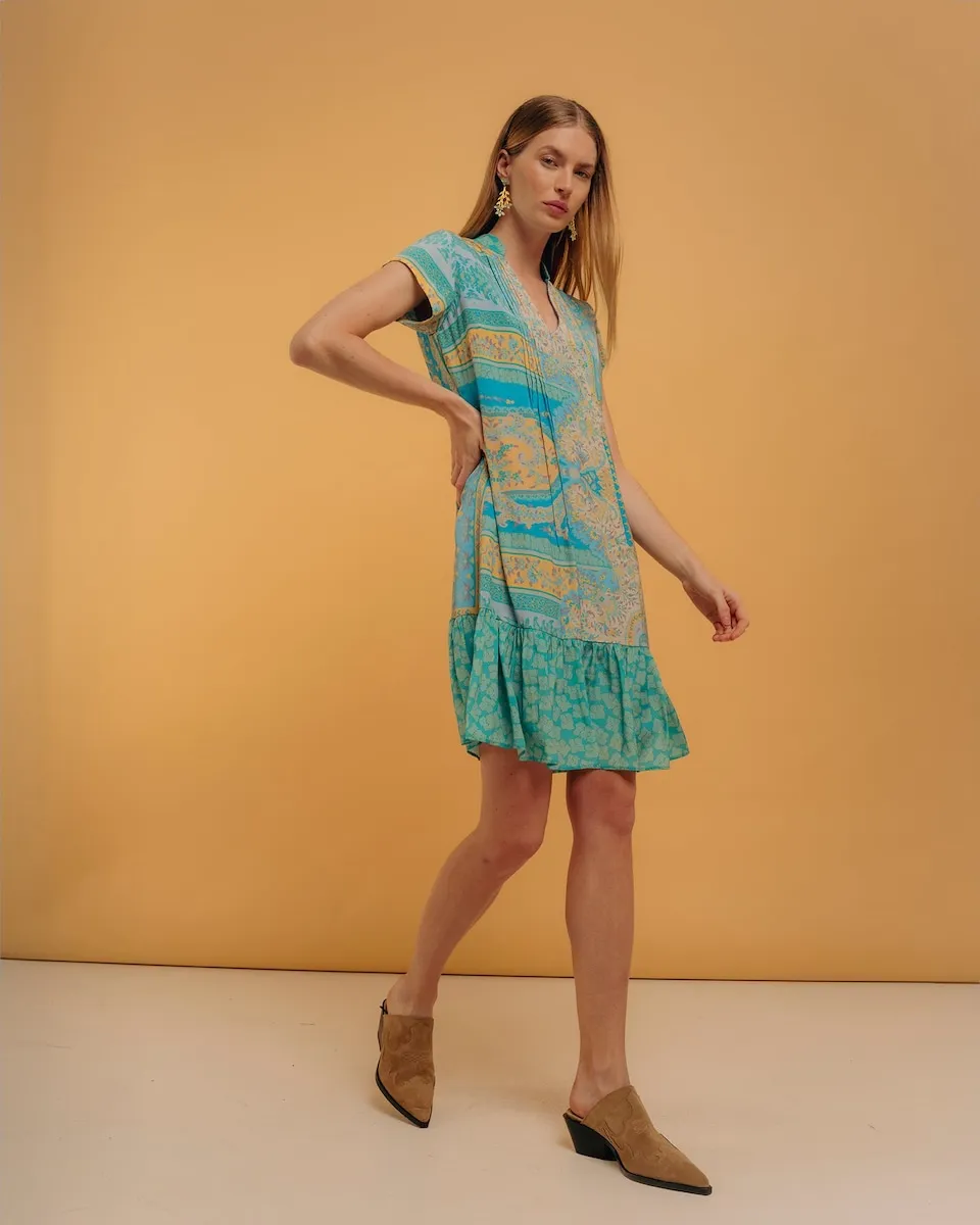 

Короткое платье с оборками и смешанными принтами Niza, бирюзовый