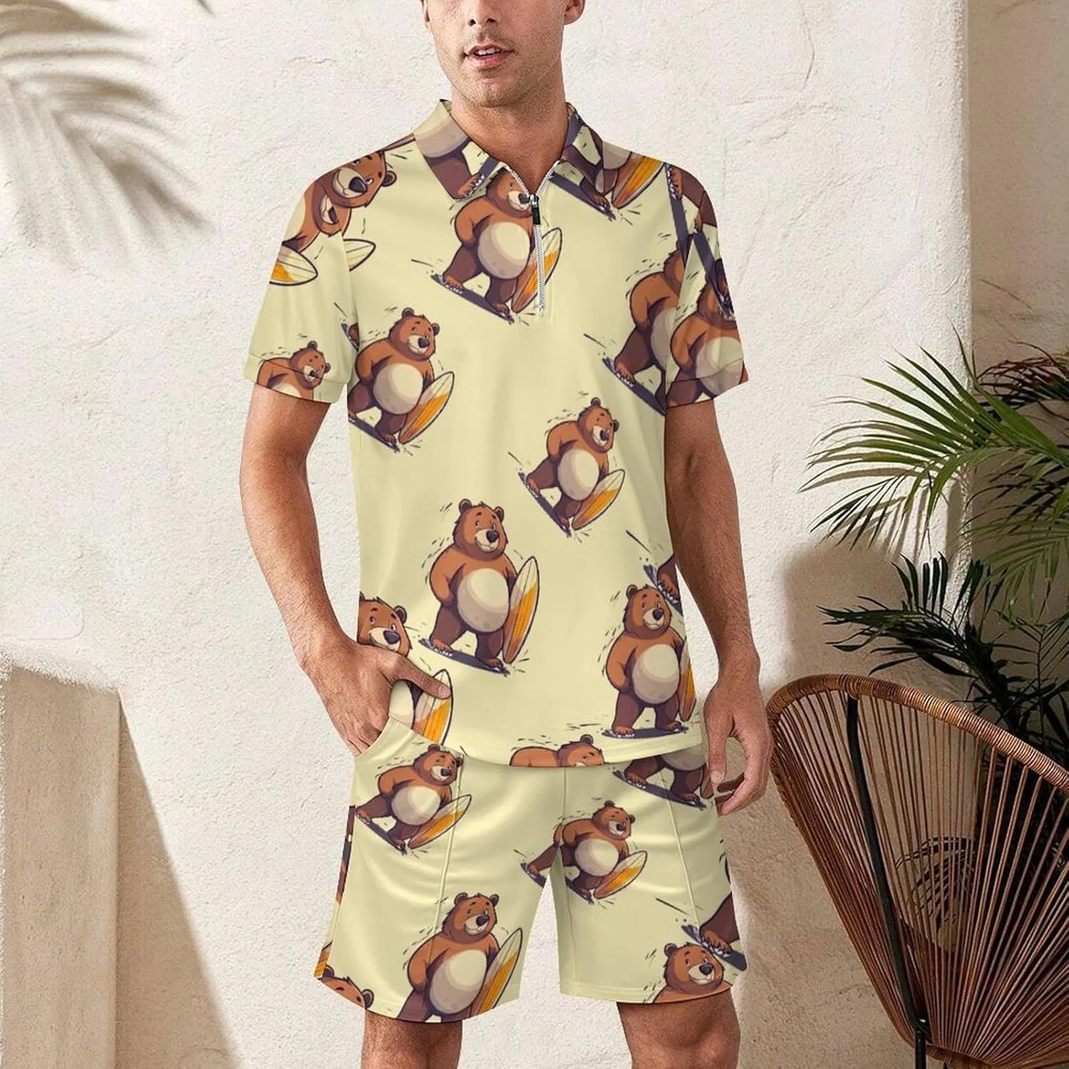 Мужской спортивный костюм из двух предметов, поло и шорты, California Surf Bear, серый — фото 2