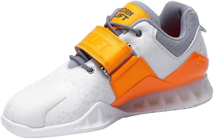 

Ботинки для тяжелой атлетики, обувь для приседаний для мужчин и женщин - противоскользящая резиновая подошва, стабильность для пауэрлифтинга, кросс-тренинга и занятий в зале Castiron Lift, белый/оранжевый