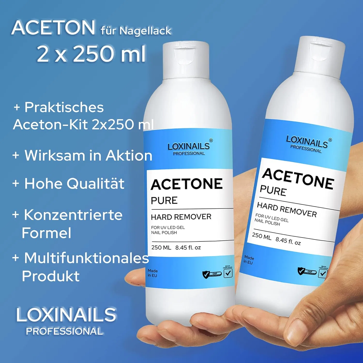 Набор ацетоновой жидкости для снятия УФ-гель-лака 2 x 250 мл Loxinails Professional, 500 Ml Acetone — фото 2
