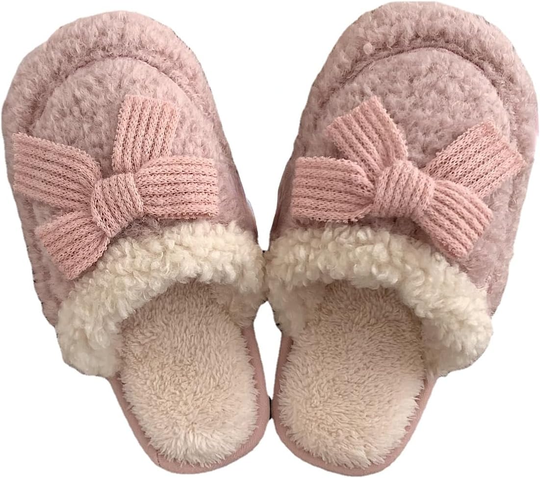

Милые винтажные домашние тапочки с бантиком, мягкие и пушистые, теплые домашние обувь Kawaii для женщин и мужчин Plonme, розовый