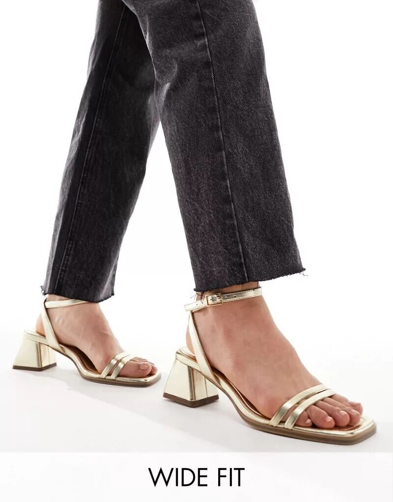 Золотые широкие босоножки на среднем каблуке ASOS Design Wide Fit Honeydew