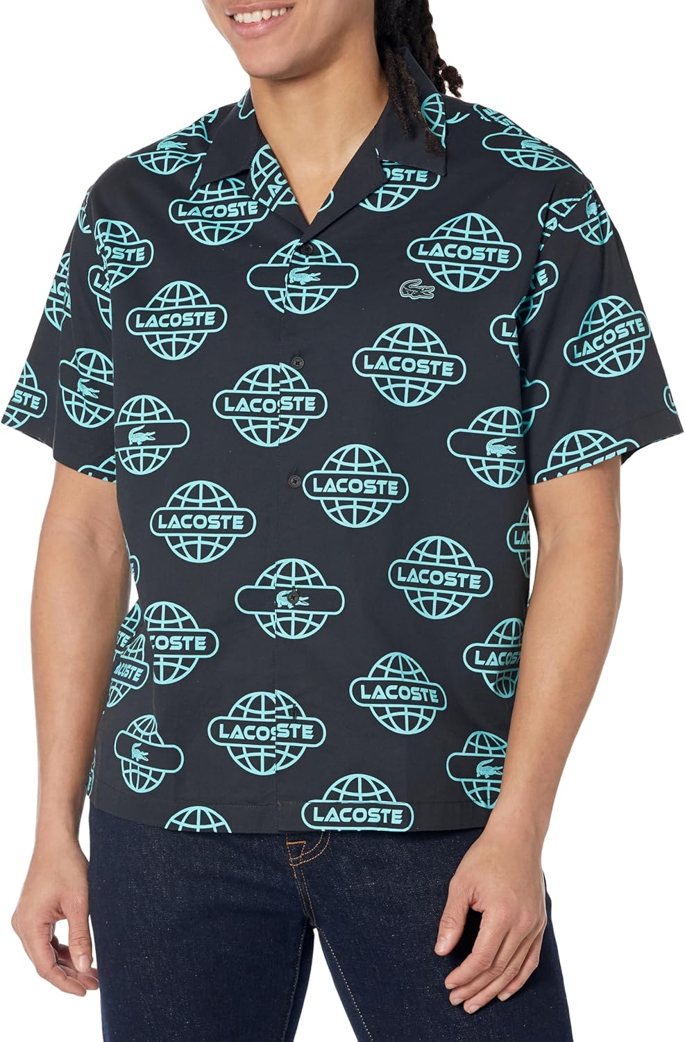 

Lacoste мужская короткая рукав печатный глобус рубашка на пуговицах, Black/Cove