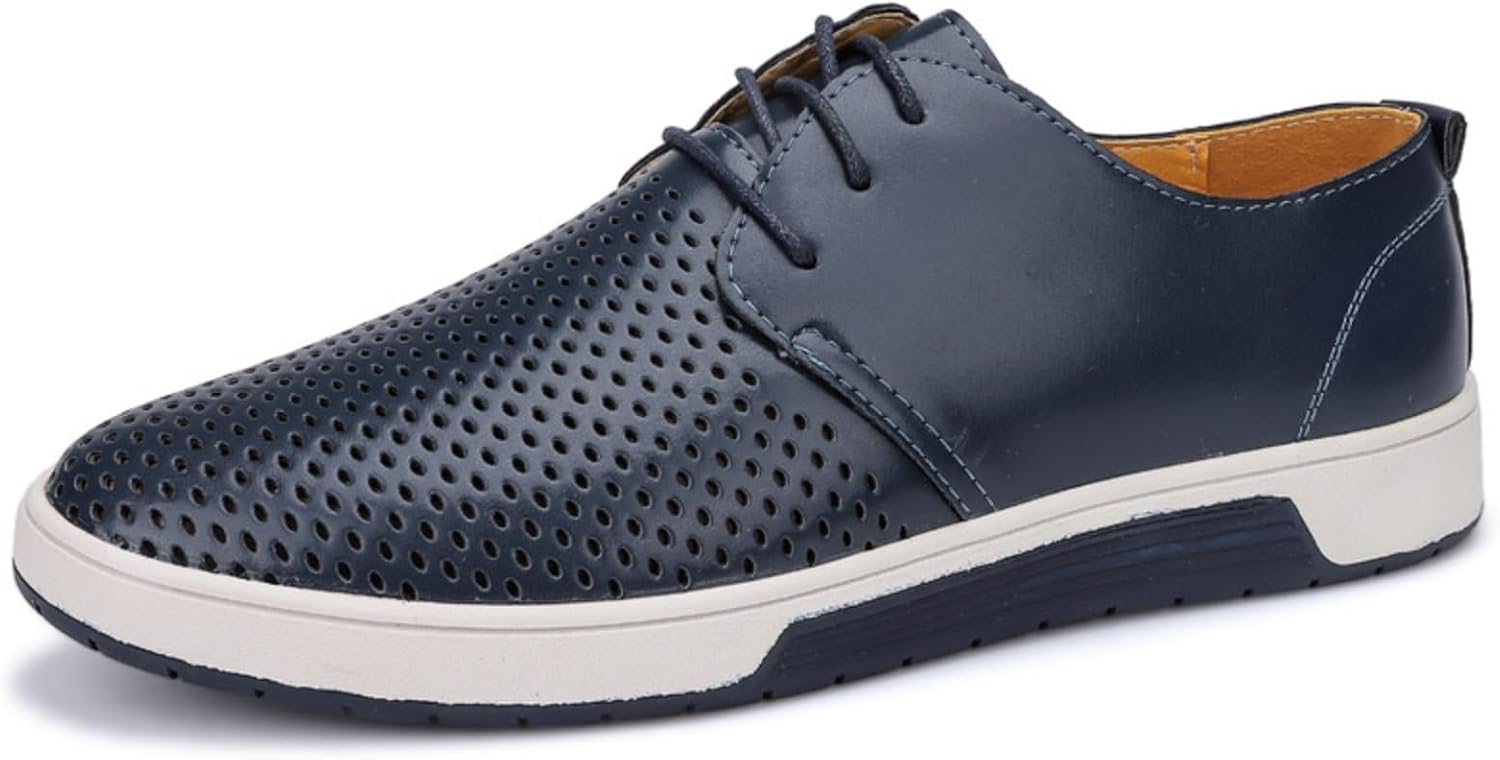 

Мужские повседневные оксфорды - дышащая кожа, плоская подошва - модные кроссовки с перфорацией, универсальная обувь на каждый день Khwfjas, синий