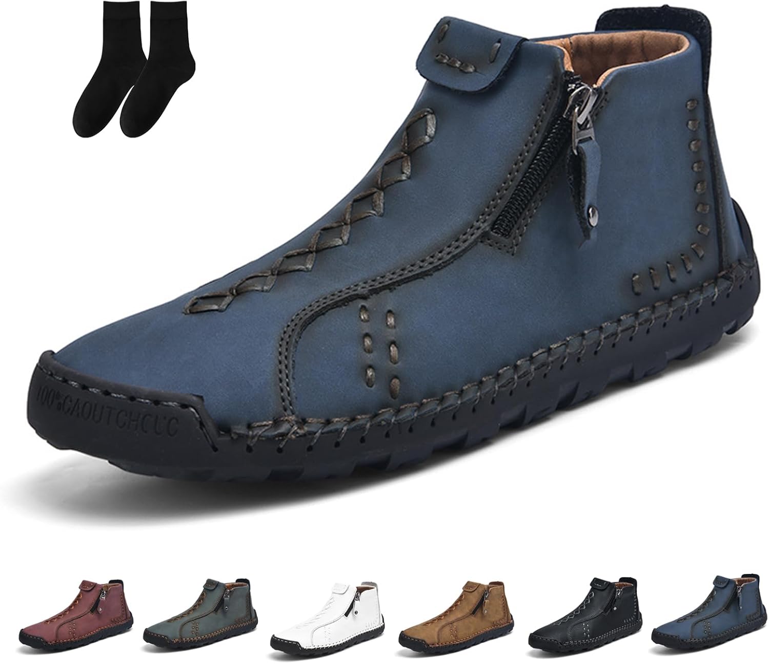 

Мужские повседневные кожаные туфли с ручной работой, на щиколотку, с боковой молнией, средней посадки, слипоны, лоферы для ходьбы, вождения, износостойкие туристические ботинки Generic, синий