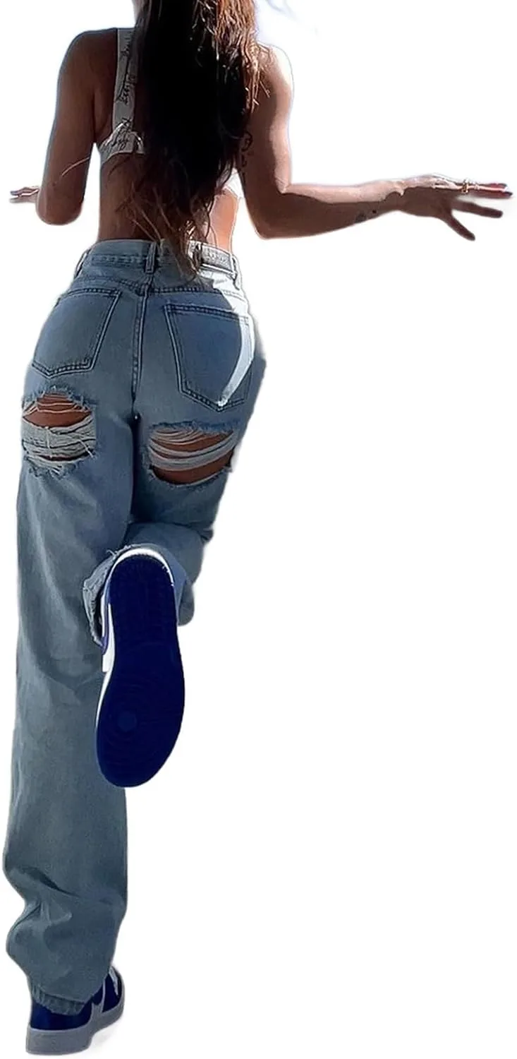 Женские джинсы High Rise Relaxed Fit Straight с потертостями и разрывами на спине