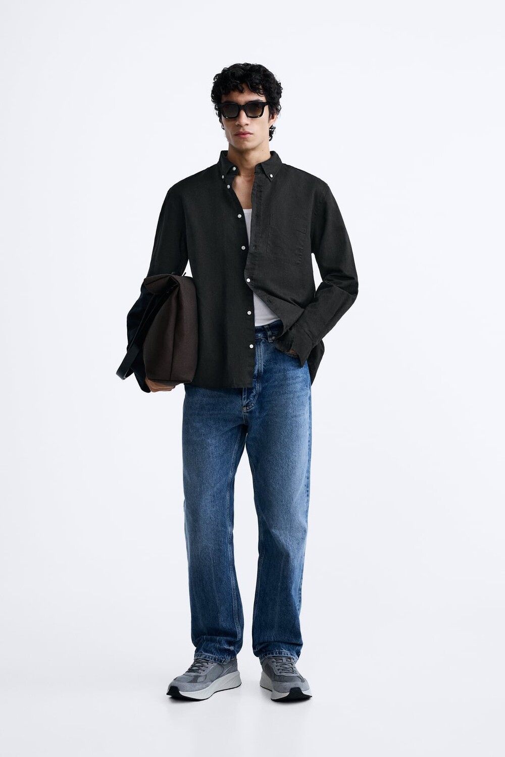

Лен-хлопковая рубашка ZARA, черный