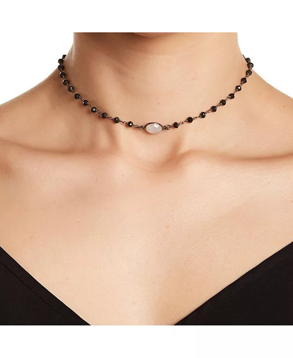 

Ожерелье-Чокер с четками, лунным камнем, черной шпинелью, серебром Adornia Fine, black-white