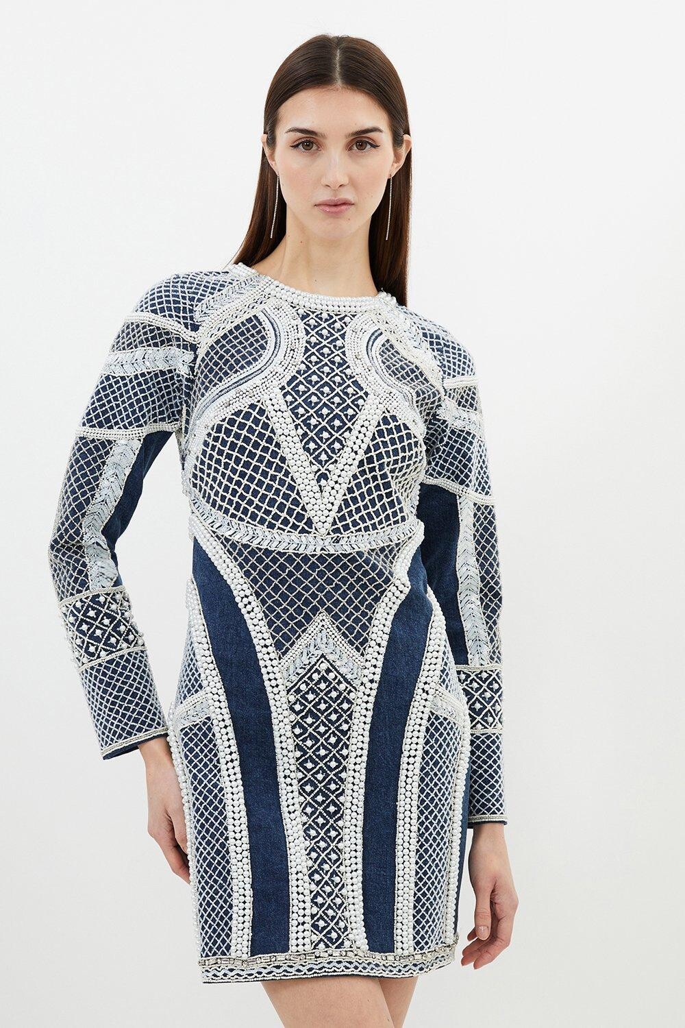 

Мини-платье с длинными рукавами и жемчужным декором Karen Millen, синий
