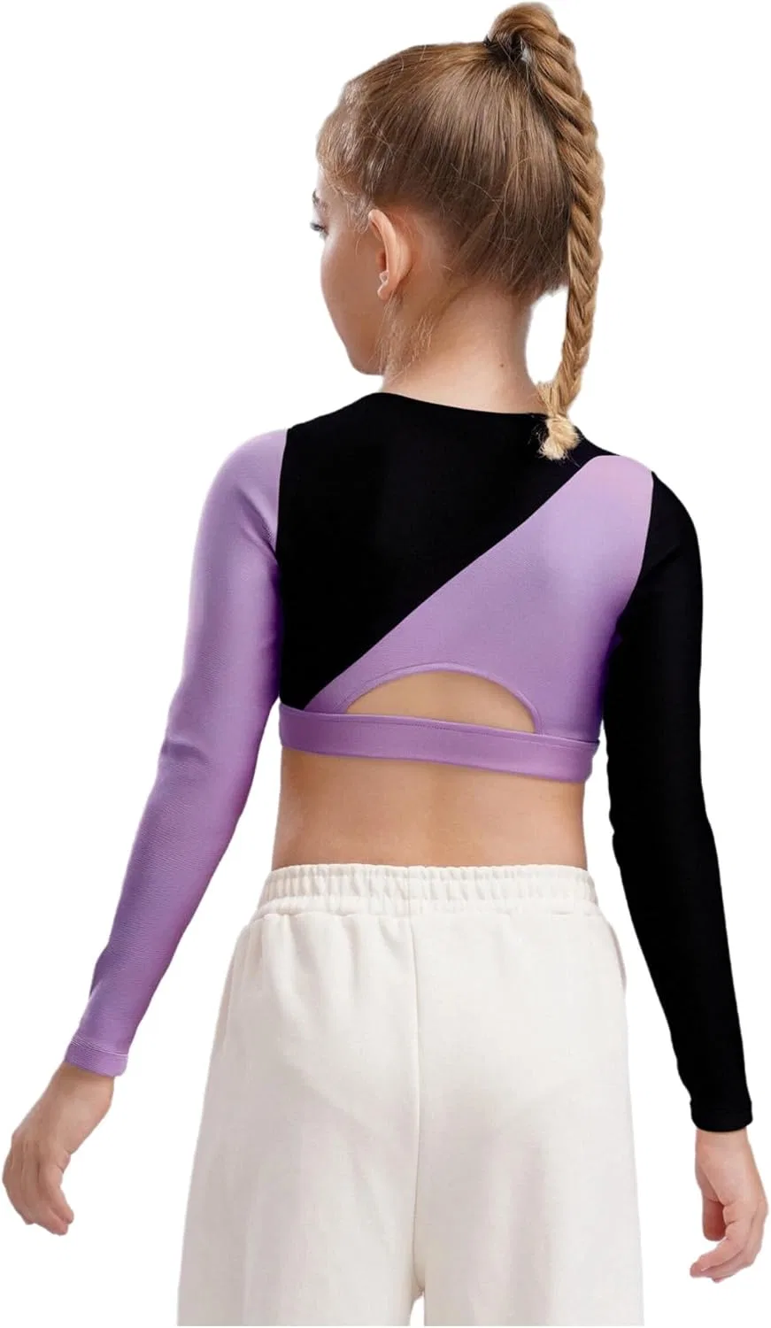 YiZYiF Детский укороченный топ с длинными рукавами для йоги, тенниса и гольфа, с вырезом спереди и сзади, в стиле колор-блок, светло-фиолетовый — фото 2