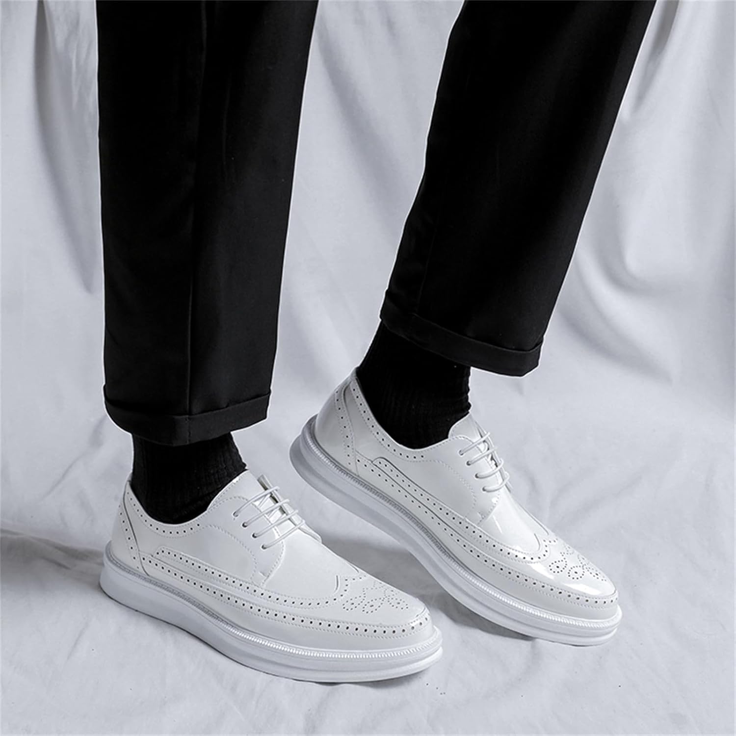 Мужские кожаные оксфорды с перфорацией Wingtip, дышащие, на шнуровке, с противоскользящей резиновой подошвой, ортопедическим комфортом для деловой одежды Jhfdioy, белый — фото 4