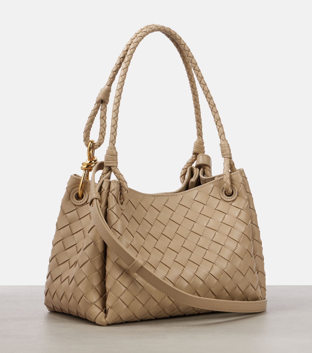 Средняя кожаная сумка-торба Parachute Bottega Veneta, Ecru-Muse Brass — фото 4