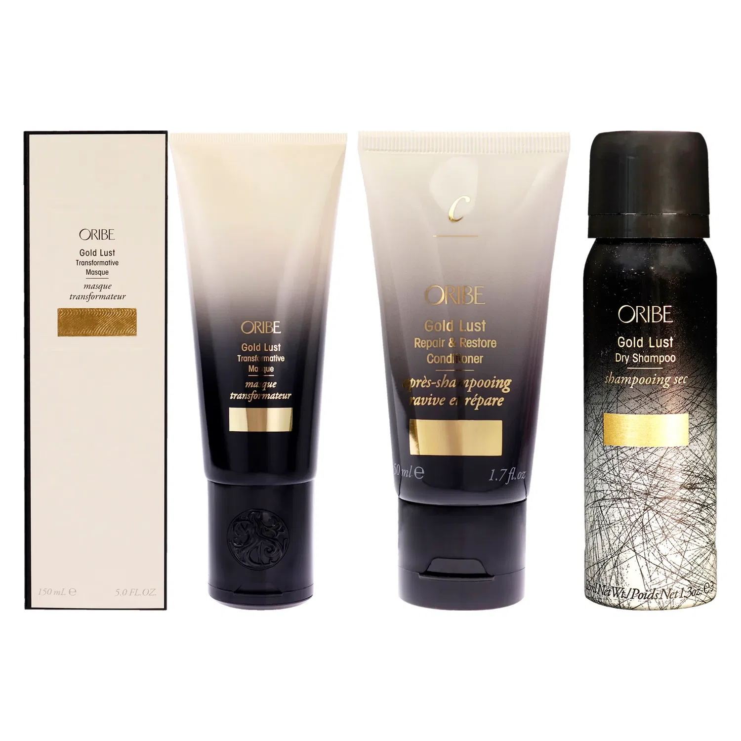Набор Gold Lust от Oribe, включающий сухой шампунь, восстанавливающий кондиционер и преображающую маску (3 предмета, для мужчин и женщин): лак для волос (37 г), кондиционер (47 г), маска (150 г)