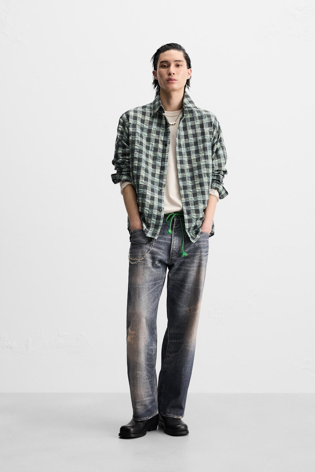 

Рубашка в клетку с эффектом складки ZARA, цвет Green/Blue