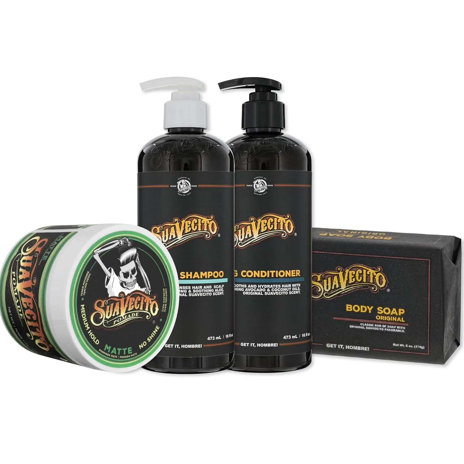 Набор Suavecito Hair & Body Essentials из 4 предметов - включает в себя помаду для укладки, увлажняющее мыло для тела, увлажняющий шампунь и питательный кондиционер.