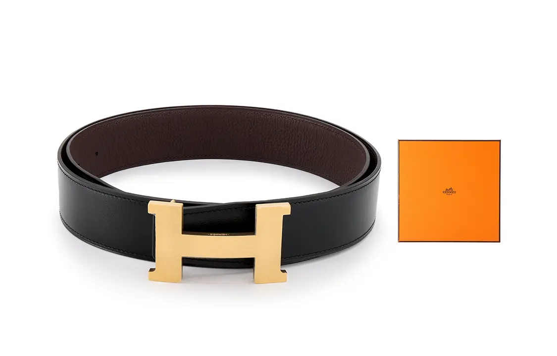 

HERMES Ремень из коровьей кожи унисекс, черный/шоколадный, ширина 3,8 см