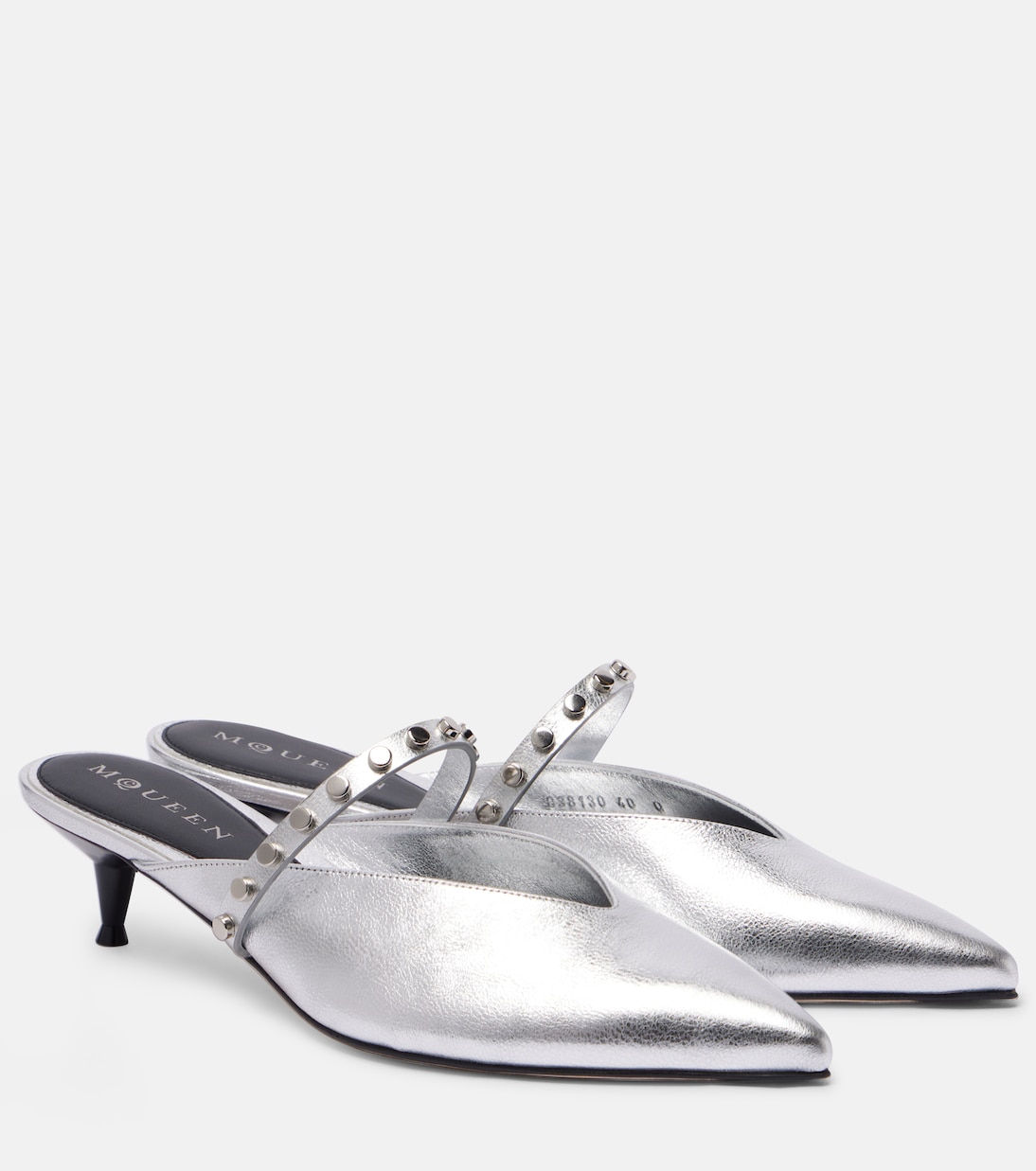 Декорированные металлизированные кожаные мюли McQueen, Silver/Silver