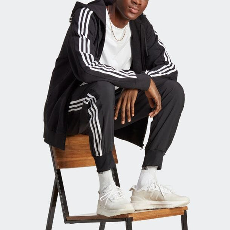 Худи adidas French Terry 3-Stripes Full-Zip Hoodie 'Black White', черный — фото 4