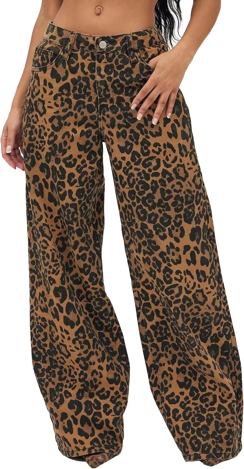 

Джинсы Wide Leg для женщин High Waist с леопардовым принтом cffvdiz
