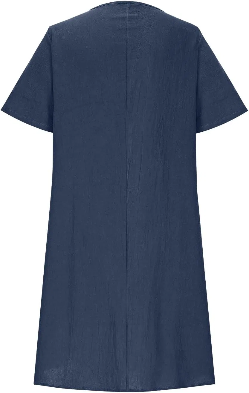generic Белое платье Women Basic Crewneck Cotton Linen Shirts Dresses летнее с коротким рукавом плиссированное миди Lounge Outfits — фото 3