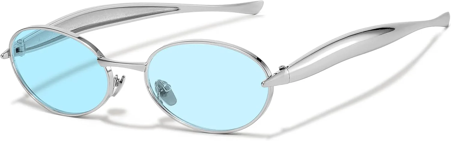 

Модные овальные солнцезащитные очки для женщин и мужчин, золотистые, маленькие, овальные, в стиле «сардинка», ретро, ​​металлическая оправа SevenColor, Silver/Blue