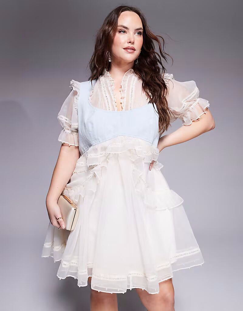 

Мини-платье ASOS LUXE Curve из органзы с отделкой из жемчуга и джинсовой вставкой на груди кремового цвета