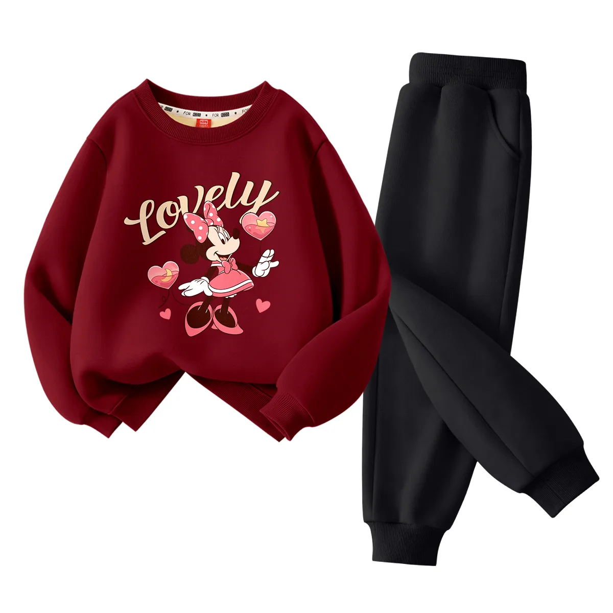Детский спортивный костюм с круглым вырезом Disney, [Thickened and Fleece-Lined]Dixin Gini K Burgundy+Dixin Gini K Black — фото 3