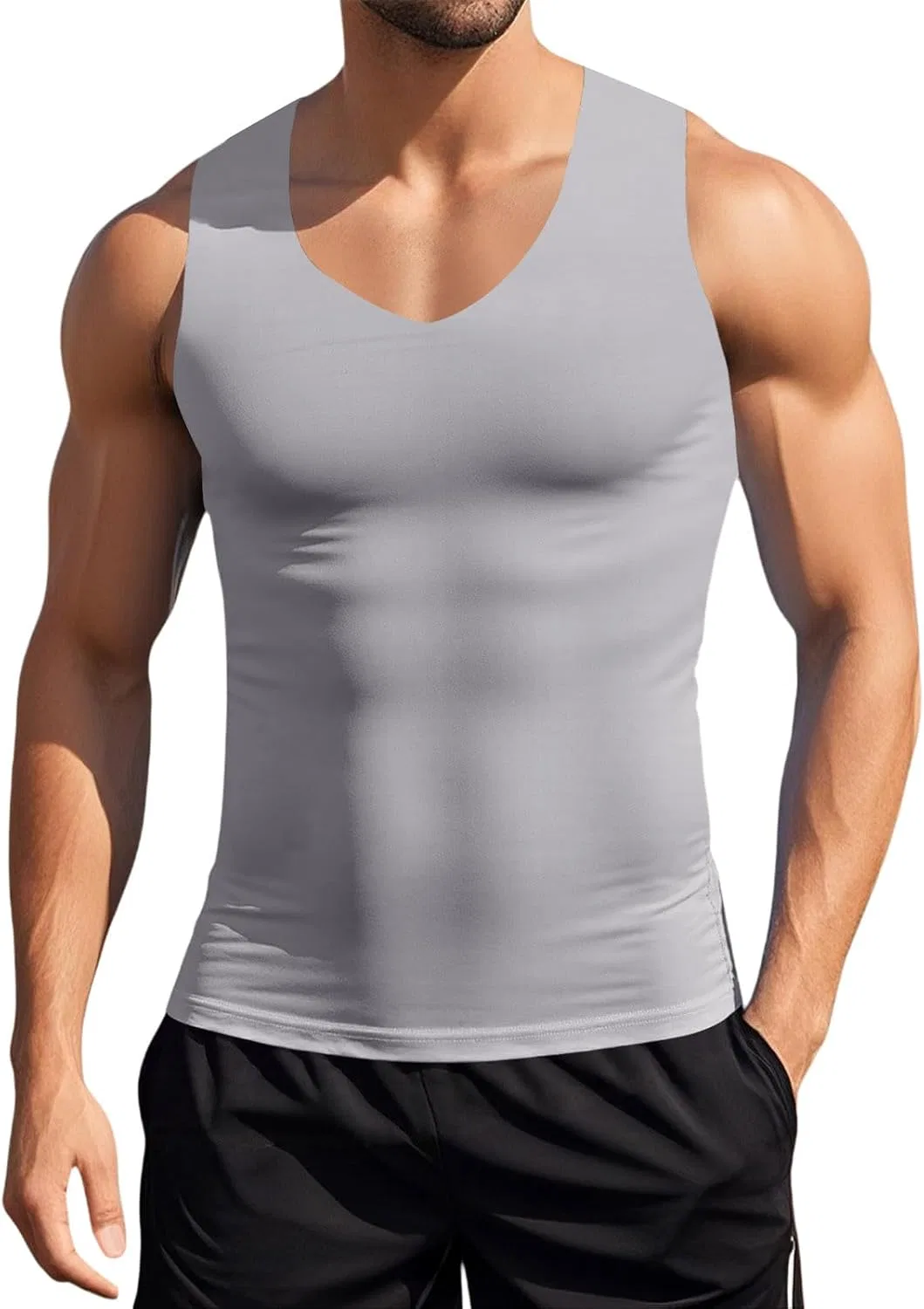 Мужская компрессионная майка-борцовка V-neck, дышащая, без рукавов, Grey