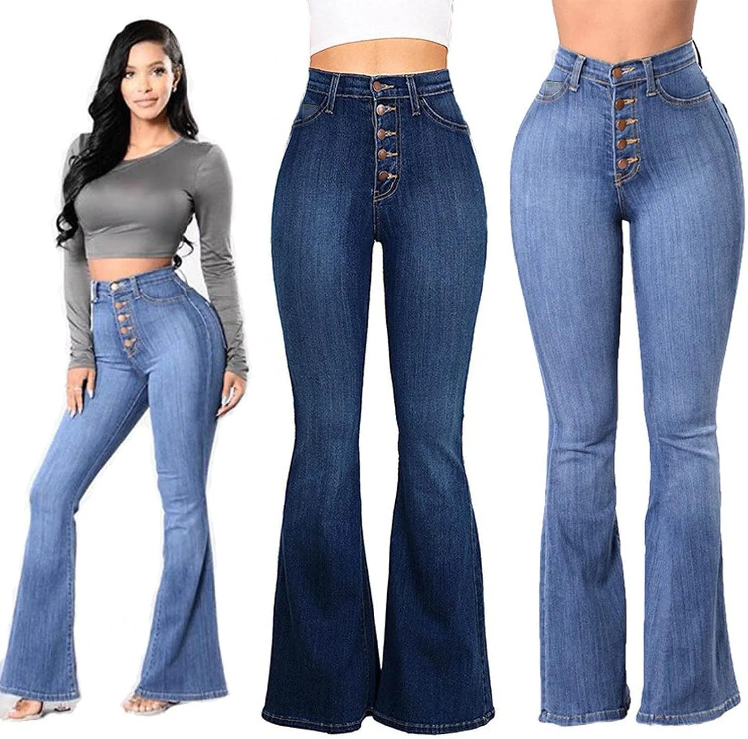 

Ruziyoog джинсы для женщин с высокой талией и расклешенным низом, tummy control, ретро, на пуговицах, stretch denim