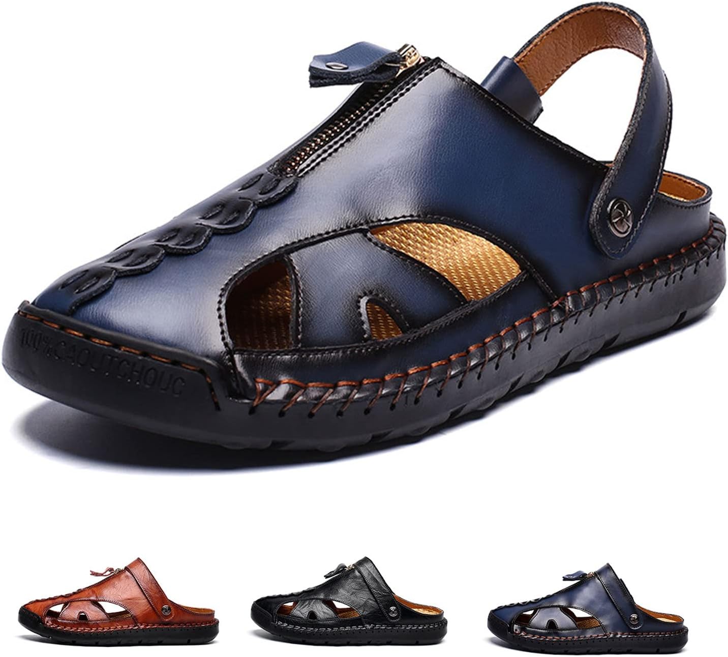 

Мужские закрытые кожаные сандалии DESESE, регулируемые, противоскользящие, для пляжа, летние повседневные сандалии-рыбаки, синий