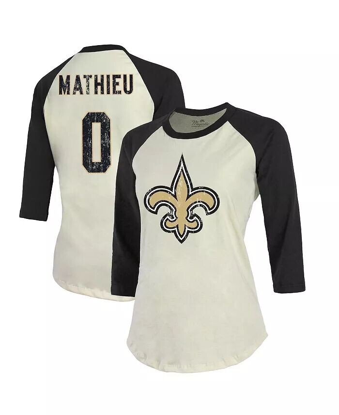 

Женские нити Tyrann Mathieu кремового цвета, черная футболка New Orleans Saints с именем и номером реглан с рукавами 3/4 Majestic