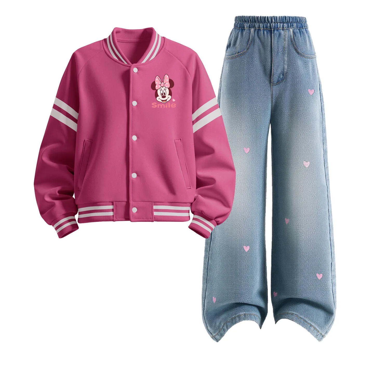 Детская повседневная спортивная футболка с круглым вырезом Disney, Di Smiling K Rose Red+Solid Color Sea Salt Blue