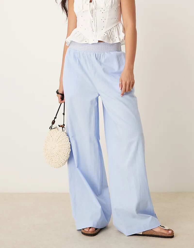 

Широкие брюки ASOS DESIGN из льняной смеси с контрастной сборкой на талии синего цвета