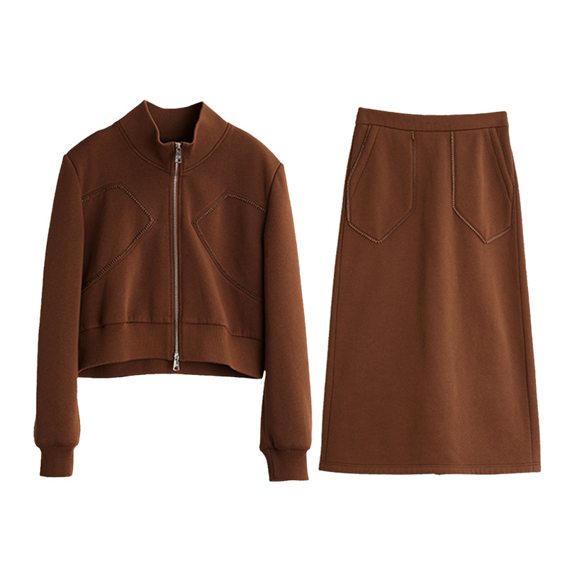 

ELLE Двухкомпонентный комплект с юбкой для женщин, коричневый, со стойкой, утепленный, длинный