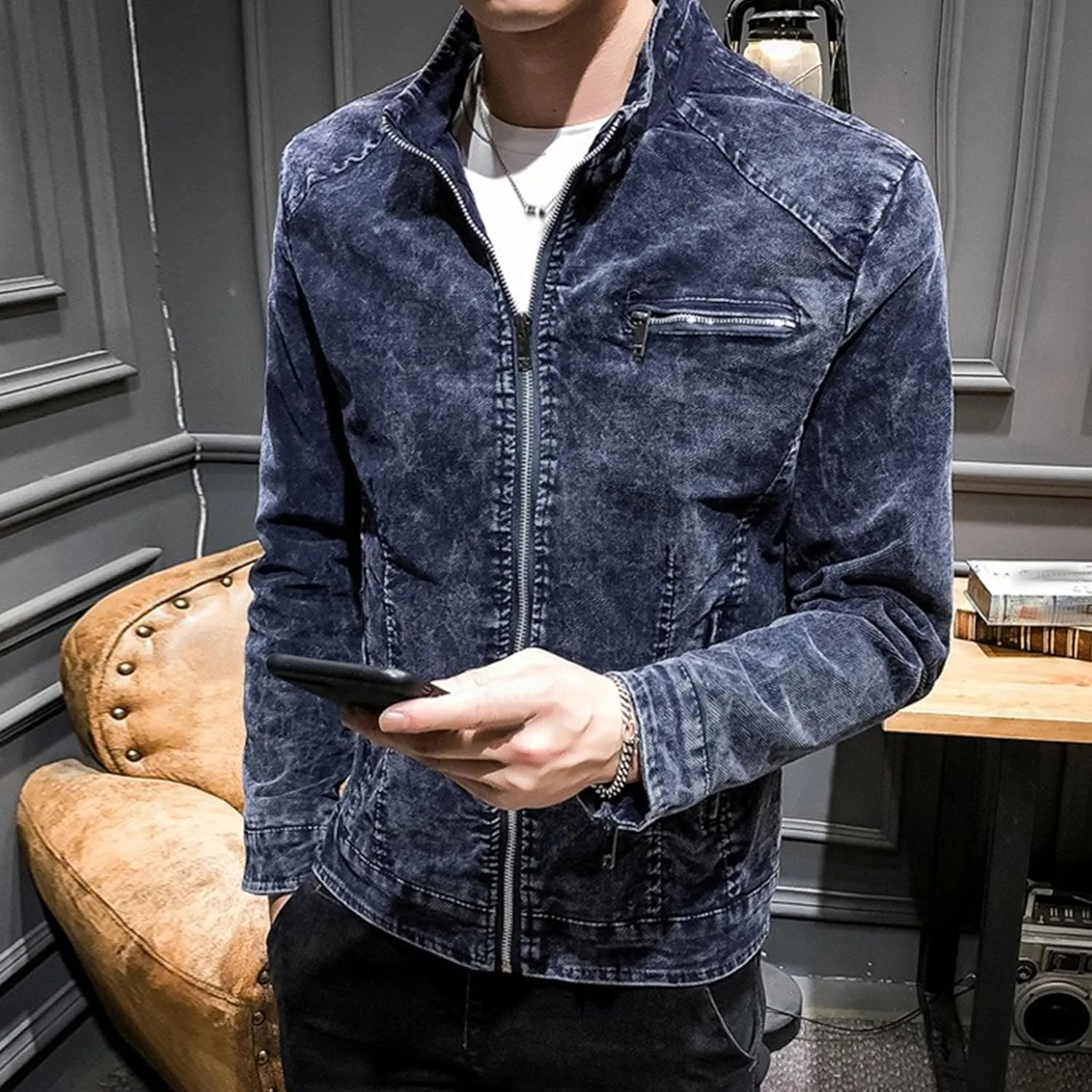 Джинсовая куртка для мужчин Slim Fit винтажная с воротником стойкой, рваная и потертая, денимовая куртка в стиле casual, куртка-тракер, верхняя одежда Generic, темно-синий — фото 2