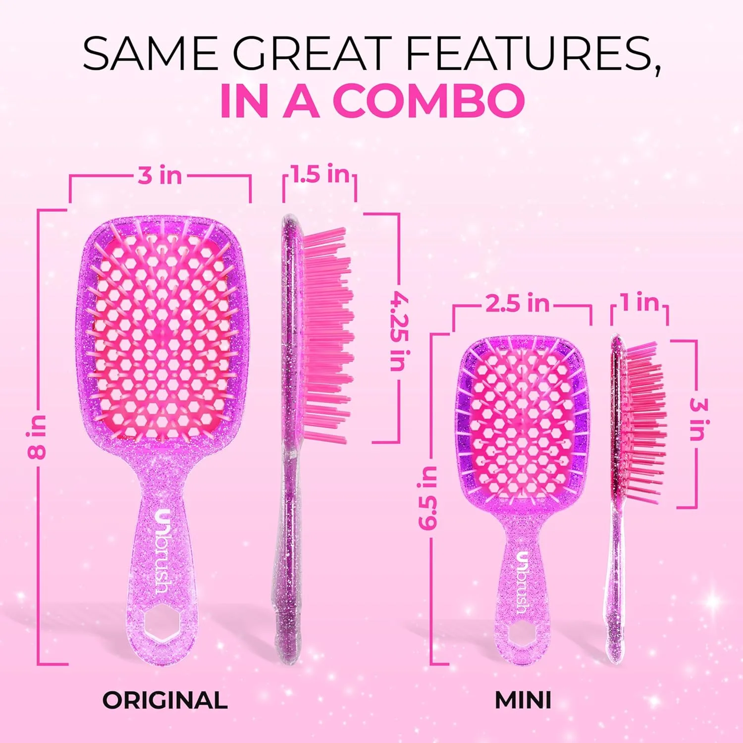 FHI Heat UNbrush Detangling Brush Combo Pack - оригинальная и мини UNbrush для всех типов влажных и сухих волос - DuoFlex антистатическая щетка, вентилируемая расческа для безболезненной укладки, Rose Quartz Pink — фото 4