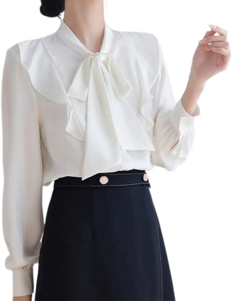 Блуза с воротником-стойкой и рюшами Bowtie Blouse, белый