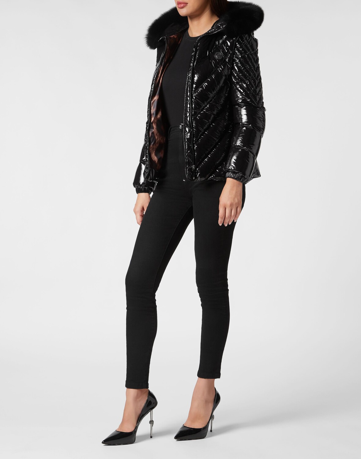

Нейлоновый пуховик с мехом Philipp Plein, черный
