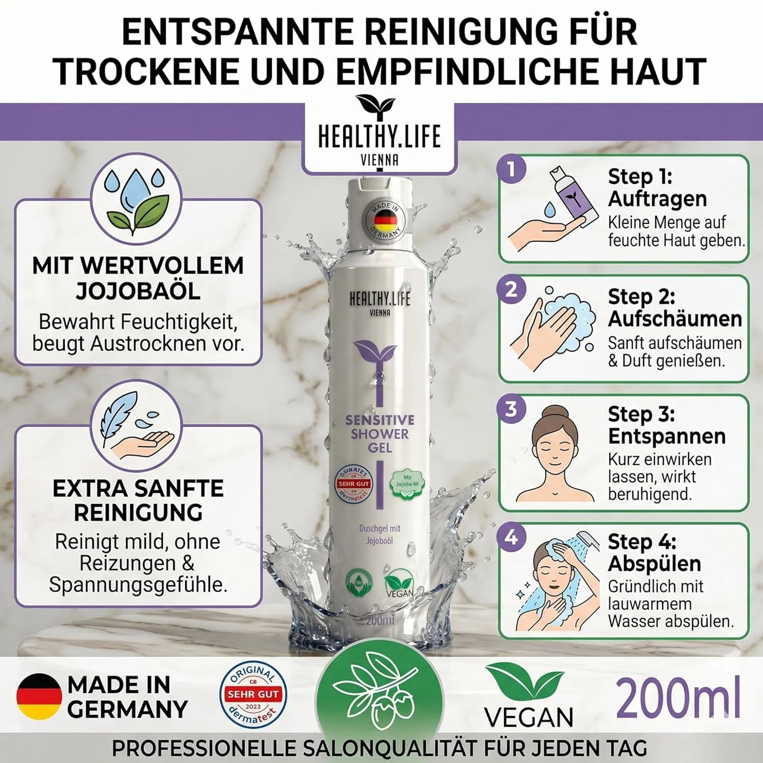 Мягкий веганский гель для душа HLV Sensitive с маслом жожоба, 200 мл Healthy.Life Vienna — фото 3