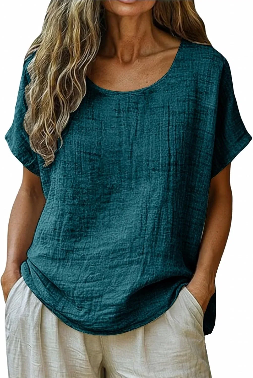 Футболка женская с круглым вырезом, свободная, из хлопка и льна, Mint Green