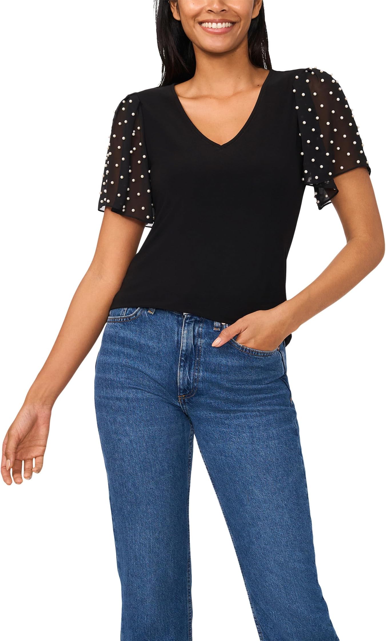 

Топ CeCe Knit V-Neck Combo Pearl Sleeve Top, Rich Black