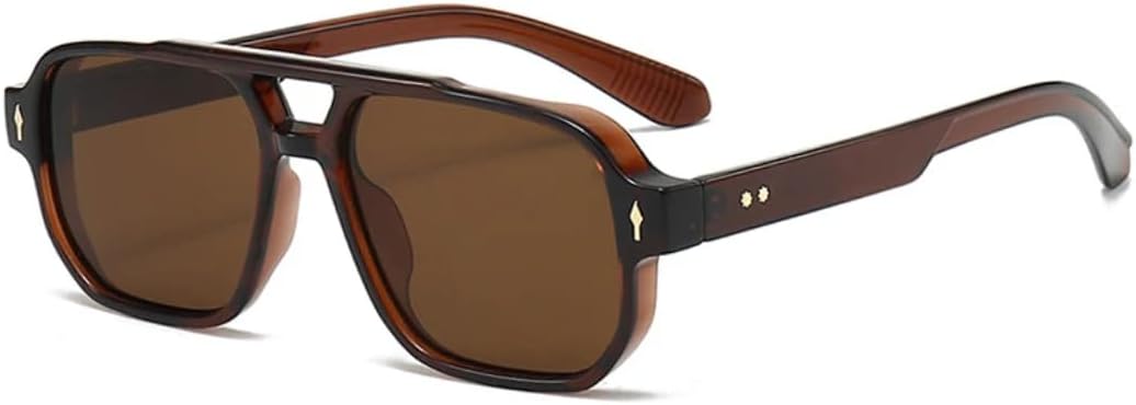 

Винтажные мужские солнцезащитные очки с двойной перемычкой, квадратной формы, модные прозрачные линзы Ocean, женские стильные очки с заклепками, защита от УФ-излучения UV400 UATXTAU, Brown Brown